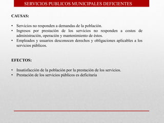 CAUSAS:
• Servicios no responden a demandas de la población.
• Ingresos por prestación de los servicios no responden a costos de
administración, operación y mantenimiento de éstos.
• Empleados y usuarios desconocen derechos y obligaciones aplicables a los
servicios públicos.
EFECTOS:
• Insatisfacción de la población por la prestación de los servicios.
• Prestación de los servicios públicos es deficitaria
SERVICIOS PUBLICOS MUNICIPALES DEFICIENTES
 