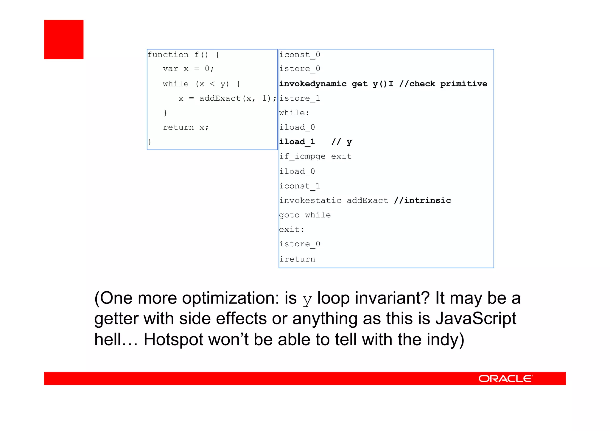 (One more optimization: is y loop invariant? It may be a
getter with side effects or anything as this is JavaScript
hell… Hotspot won’t be able to tell with the indy)
function f() {
var x = 0;
while (x < y) {
x = addExact(x, 1);
}
return x;
}
iconst_0
istore_0
invokedynamic get y()I //check primitive
istore_1
while:
iload_0
iload_1 // y
if_icmpge exit
iload_0
iconst_1
invokestatic addExact //intrinsic
goto while
exit:
istore_0
ireturn
 
