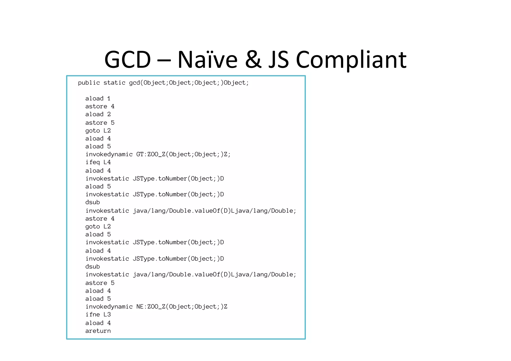 GCD	
  –	
  Naïve	
  &	
  JS	
  Compliant	
  
public static gcd(Object;Object;Object;)Object;

aload 1
astore 4
aload 2
astore 5
goto L2
aload 4
aload 5
invokedynamic GT:ZOO_Z(Object;Object;)Z;
ifeq L4
aload 4
invokestatic JSType.toNumber(Object;)D
aload 5
invokestatic JSType.toNumber(Object;)D
dsub
invokestatic java/lang/Double.valueOf(D)Ljava/lang/Double;
astore 4
goto L2
aload 5
invokestatic JSType.toNumber(Object;)D
aload 4
invokestatic JSType.toNumber(Object;)D
dsub
invokestatic java/lang/Double.valueOf(D)Ljava/lang/Double;
astore 5
aload 4
aload 5
invokedynamic NE:ZOO_Z(Object;Object;)Z
ifne L3
aload 4
areturn
 