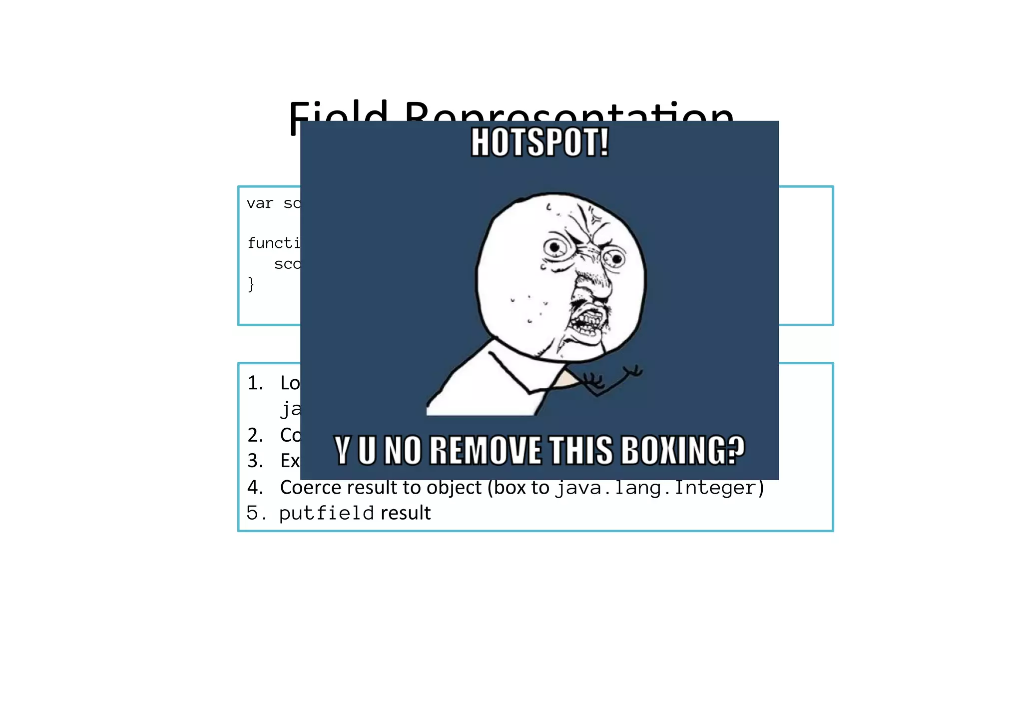 Field	
  Representa*on	
  
var scopeVar;

function f() {
scopeVar &= 17;
}
	
  	
  	
  	
  	
  	
  
1.  Load	
  scope	
  var	
  (getfield),	
  stored	
  as	
  
java.lang.Integer
2.  Coerce	
  to	
  int	
  (unbox	
  from	
  java.lang.Integer)	
  
3.  Execute	
  logical	
  and	
  	
  
4.  Coerce	
  result	
  to	
  object	
  (box	
  to	
  java.lang.Integer)	
  
5.  putfield	
  result	
  
 