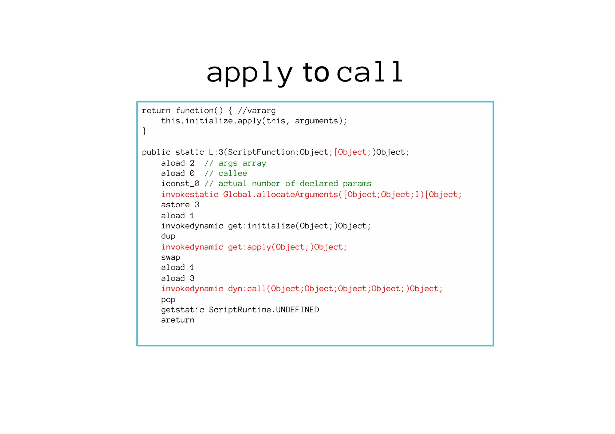 apply	
  to	
  call
return function() { //vararg
this.initialize.apply(this, arguments);
}

public static L:3(ScriptFunction;Object;[Object;)Object;
aload 2 // args array
aload 0 // callee
iconst_0 // actual number of declared params
invokestatic Global.allocateArguments([Object;Object;I)[Object;
astore 3
aload 1
invokedynamic get:initialize(Object;)Object; 
dup
invokedynamic get:apply(Object;)Object; 
swap
aload 1
aload 3
invokedynamic dyn:call(Object;Object;Object;Object;)Object; 
pop
getstatic ScriptRuntime.UNDEFINED
areturn
	
  
 