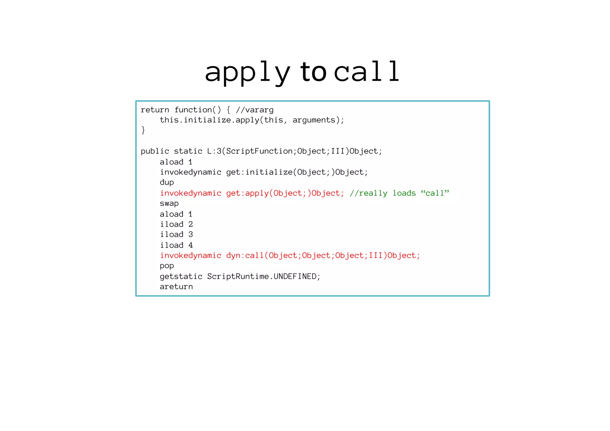 return function() { //vararg
this.initialize.apply(this, arguments);
}

public static L:3(ScriptFunction;Object;III)Object;
aload 1
invokedynamic get:initialize(Object;)Object;
dup
invokedynamic get:apply(Object;)Object; //really loads “call”
swap
aload 1
iload 2
iload 3
iload 4
invokedynamic dyn:call(Object;Object;Object;III)Object;
pop
getstatic ScriptRuntime.UNDEFINED;
areturn 
apply	
  to	
  call
 