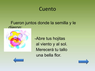 Cuento

 Fueron juntos donde la semilla y le
dijeron:

             -Abre tus hojitas
              al viento y al sol.
              Merecerá tu tallo
              una bella flor.
 