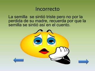 Incorrecto
La semilla se sintió triste pero no por la
perdida de su madre, recuerda por que la
semilla se sintió así en el cuento.
 