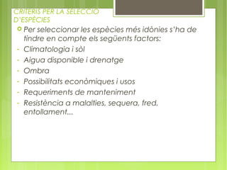CRITERIS PER LA SELECCIÓ
D’ESPÈCIES
   Per seleccionar les espècies més idònies s’ha de
    tindre en compte els següents factors:
-   Climatologia i sòl
-   Aigua disponible i drenatge
-   Ombra
-   Possibilitats econòmiques i usos
-   Requeriments de manteniment
-   Resistència a malalties, sequera, fred,
    entollament...
 