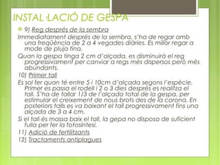 INSTAL·LACIÓ DE GESPA
  9) Reg després de la sembra
Immediatament després de la sembra, s’ha de regar amb
   una freqüència de 2 a 4 vegades diàries. Es millor regar a
   mode de pluja fina.
Quan la gespa tinga 2 cm d’alçada, es disminuirà el reg
   progressivament per canviar a regs més dispersos però més
   abundants.
10) Primer tall
Es sol fer quan té entre 5 i 10cm d’alçada segons l’espècie.
   Primer es passa el rodell i 2 o 3 dies després es realitza el
   tall. S’ha de tallar 1/3 de l’alçada total de la gespa, per
   estimular el creixement de nous brots des de la corona. En
   posteriors talls es va baixant el tall progressivament fins una
   alçada de 3 a 4 cm.
Si el tall és massa baix el tall, la gepa no disposa de suficient
   fulla per fer la fotosíntesi.
11) Adició de fertilitzants
12) Tractaments antiplagues
 
 