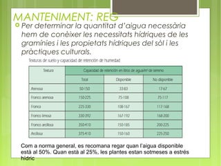 MANTENIMENT: REG
   Per determinar la quantitat d’aigua necessària
    hem de conèixer les necessitats hídriques de les
    gramínies i les propietats hídriques del sòl i les
    pràctiques culturals.




    Com a norma general, es recomana regar quan l’aigua disponible
    està al 50%. Quan està al 25%, les plantes estan sotmeses a estrés
    hídric
 