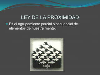 LEY DE LA PROXIMIDAD
 Es el agrupamiento parcial o secuencial de
 elementos de nuestra mente.
 