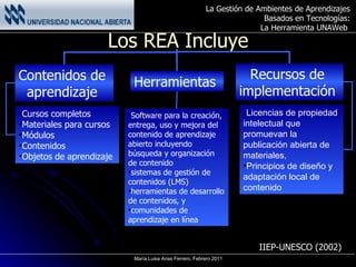 Los REA Incluye Contenidos de  aprendizaje  Herramientas  Recursos de  implementación  Cursos completos Materiales para cursos Módulos  Contenidos  Objetos de aprendizaje  Software para la creación, entrega, uso y mejora del contenido de aprendizaje abierto incluyendo búsqueda y organización de contenido sistemas de gestión de contenidos (LMS) herramientas de desarrollo de contenidos, y comunidades de aprendizaje en línea  Licencias de propiedad intelectual que promuevan la publicación abierta de materiales,  Principios de diseño y adaptación local de contenido  IIEP-UNESCO (2002) 