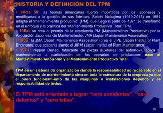 28
• años 50: las teorías americanas fueron importadas por los japoneses y
modificadas a la gestión de sus fábricas. Seiichi Nakajima (1919-2015) en 1951
adapta el “mantenimiento productivo” (PM), que luego a partir del 1971 se transformó
en el enfoque y la práctica del “Mantenimiento Productivo Total” TPM.
• 1964: se crea el premio de la excelencia PM (Mantenimiento Productivo) por la
Asociación Japonesa de Mantenimiento, JMA (Japan Maintenance Assosiation).
• 1969: la JMA (Japan Maintenance Assosiation) crea el JIPE (Japan Institut of Plant
Engineers) que acabaría siendo el JIPM (Japan Institut of Plant Maintenance).
• 1971: Nippon Denso, fabricante de piezas auxiliares del automóvil, aplica al
mantenimiento la participación de los operarios de producción: nace el
Mantenimiento Autónomo y el Mantenimiento Productivo Total.
TPM es un sistema de organización donde la responsabilidad no recae sólo en el
departamento de mantenimiento sino en toda la estructura de la empresa ya que
el buen funcionamiento de las máquinas o instalaciones depende y es
responsabilidad de todos.
El TPM está orientado a lograr “cero accidentes”, “cero
defectos” y “cero fallas”.
HISTORIA Y DEFINICIÓN DEL TPM
 