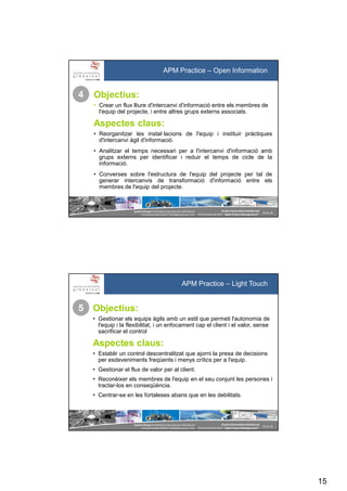 15
SystemGroup Prohibidala reproducció i distribució
no autoritzades©2011 info@group-sys.com
29 de 39
Escola Universitària Gimbernat
19 d’octubre de 2011 “Agile Project Management“
APM Practice – Open Information
Objectius:
• Crear un flux lliure d'intercanvi d'informació entre els membres de
l'equip del projecte, i entre altres grups externs associats.
Aspectes claus:
• Reorganitzar les instal·lacions de l'equip i instituir pràctiques
d'intercanvi àgil d'informació.
• Analitzar el temps necessari per a l'intercanvi d'informació amb
grups externs per identificar i reduir el temps de cicle de la
informació.
• Converses sobre l'estructura de l'equip del projecte per tal de
generar intercanvis de transformació d'informació entre els
membres de l'equip del projecte.
4
SystemGroup Prohibidala reproducció i distribució
no autoritzades©2011 info@group-sys.com
30 de 39
Escola Universitària Gimbernat
19 d’octubre de 2011 “Agile Project Management“
APM Practice – Light Touch
Objectius:
• Gestionar els equips àgils amb un estil que permeti l'autonomia de
l'equip i la flexibilitat, i un enfocament cap el client i el valor, sense
sacrificar el control
Aspectes claus:
• Establir un control descentralitzat que ajorni la presa de decisions
per esdeveniments freqüents i menys crítics per a l'equip.
• Gestionar el flux de valor per al client.
• Reconèixer els membres de l'equip en el seu conjunt les persones i
tractar-los en conseqüència.
• Centrar-se en les fortaleses abans que en les debilitats.
5
 
