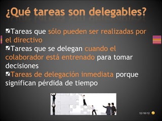Tareas que sólo pueden ser realizadas por
el directivo
Tareas que se delegan cuando el
colaborador está entrenado para tomar
decisiones
Tareas de delegación inmediata porque
significan pérdida de tiempo
12/10/12