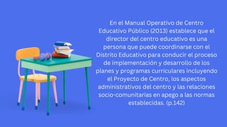 En el Manual Operativo de Centro
Educativo Público (2013) establece que el
director del centro educativo es una
persona que puede coordinarse con el
Distrito Educativo para conducir el proceso
de implementación y desarrollo de los
planes y programas curriculares incluyendo
el Proyecto de Centro, los aspectos
administrativos del centro y las relaciones
socio-comunitarias en apego a las normas
establecidas. (p.142)
 