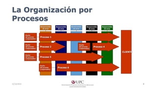 La Organización por 
Procesos 
Responsable 
de área 
Responsable 
de área 
Responsable 
de área 
Responsable 
de área 
Responsable 
de área 
Proceso 2 
Proceso 5 
Dueño 
del proceso 
(responsable) 
Proceso 1 
Dueño 
del proceso 
(responsable) 
Proceso 4 
Dueño 
del proceso 
(responsable) 
Proceso 6 
Dueño 
del proceso 
(responsable) 
Dueño 
del proceso 
(responsable) 
CLIENTE 
15/10/2014 8 
 