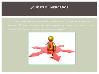 ¿ Q U E ES EL MER C A D O?



     Lo cons ti tuye un comprador, un vendedor, y algo para             comprar o
vender.   El   mercado   es ,   en   es te   primer   enfoque,   un   lugar   o   un
mecanismo de intercambio de bienes y servicios .
 