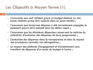 Les Objectifs à Moyen Terme (1)
18

        L’assurance que sauf incident grave un budget élaboré sur des
         bases réalistes puisse être exécuté dans sa quasi totalité ;
        L’assurance que lorsqu’une dépense a été correctement engagée, le
         paiement pourra être exécuté dans les délais requis ;
        L’assurance que les Ministères dépensiers conservent la maîtrise du
         calendrier d’exécution des dépenses de leurs programmes ;
        L’exécution des dépenses dans la transparence et dans le respect
         des procédures normales non-dérogatoires ;
        Le respect des plafonds d’engagement et d’endettement sans
         transferts de dépenses d’un poste du budget à l’autre ;
 