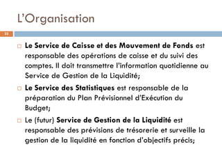 L’Organisation
22


        Le Service de Caisse et des Mouvement de Fonds est
         responsable des opérations de caisse et du suivi des
         comptes. Il doit transmettre l’information quotidienne au
         Service de Gestion de la Liquidité;
        Le Service des Statistiques est responsable de la
         préparation du Plan Prévisionnel d’Exécution du
         Budget;
        Le (futur) Service de Gestion de la Liquidité est
         responsable des prévisions de trésorerie et surveille la
         gestion de la liquidité en fonction d’objectifs précis;
 