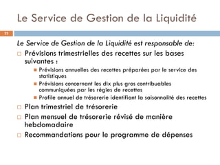 Le Service de Gestion de la Liquidité
23


     Le Service de Gestion de la Liquidité est responsable de:
      Prévisions trimestrielles des recettes sur les bases
       suivantes :
            Prévisions annuelles des recettes préparées par le service des
             statistiques
            Prévisions concernant les dix plus gros contribuables
             communiquées par les régies de recettes
            Profile annuel de trésorerie identifiant la saisonnalité des recettes

        Plan trimestriel de trésorerie
        Plan mensuel de trésorerie révisé de manière
         hebdomadaire
        Recommandations pour le programme de dépenses
 