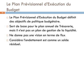 Le Plan Prévisionnel d’Exécution du
32
     Budget
        Le Plan Prévisionnel d’Exécution du Budget définit
         des objectifs de politique budgétaire.
        Sert de base pour le plan annuel de Trésorerie,
         mais il n’est pas un plan de gestion de la liquidité.
        Ne donne pas une vision en terme de flux
        Considère l’endettement est comme un solde
         résiduel.
 