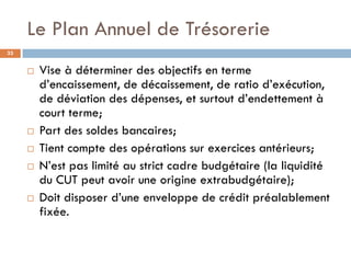 Le Plan Annuel de Trésorerie
33


        Vise à déterminer des objectifs en terme
         d’encaissement, de décaissement, de ratio d’exécution,
         de déviation des dépenses, et surtout d’endettement à
         court terme;
        Part des soldes bancaires;
        Tient compte des opérations sur exercices antérieurs;
        N’est pas limité au strict cadre budgétaire (la liquidité
         du CUT peut avoir une origine extrabudgétaire);
        Doit disposer d’une enveloppe de crédit préalablement
         fixée.
 