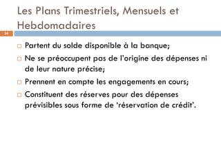 Les Plans Trimestriels, Mensuels et
34
     Hebdomadaires
        Partent du solde disponible à la banque;
        Ne se préoccupent pas de l’origine des dépenses ni
         de leur nature précise;
        Prennent en compte les engagements en cours;
        Constituent des réserves pour des dépenses
         prévisibles sous forme de ‘réservation de crédit’.
 