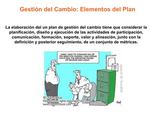 La elaboración del un plan de gestión del cambio tiene que considerar la
planificación, diseño y ejecución de las actividades de participación,
comunicación, formación, soporte, valor y alineación, junto con la
definición y posterior seguimiento, de un conjunto de métricas.
Gestión del Cambio: Elementos del Plan
 