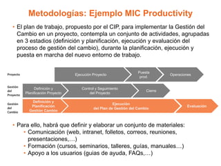 Metodologías: Ejemplo MIC Productivity
• El plan de trabajo, propuesto por el CIP, para implementar la Gestión del
Cambio en un proyecto, contempla un conjunto de actividades, agrupadas
en 3 estadios (definición y planificación, ejecución y evaluación del
proceso de gestión del cambio), durante la planificación, ejecución y
puesta en marcha del nuevo entorno de trabajo.
• Para ello, habrá que definir y elaborar un conjunto de materiales:
• Comunicación (web, intranet, folletos, correos, reuniones,
presentaciones,…)
• Formación (cursos, seminarios, talleres, guías, manuales…)
• Apoyo a los usuarios (guias de ayuda, FAQs,…)
Definición y
Planificación Proyecto
Ejecución Proyecto
Control y Seguimiento
del Proyecto
Puesta
prod.
Operaciones
Cierre
Definición y
Planificación
Gestión Cambio
Ejecución
del Plan de Gestión del Cambio
Evaluación
Proyecto
Gestión
del
Proyecto
Gestión
del
Cambio
 