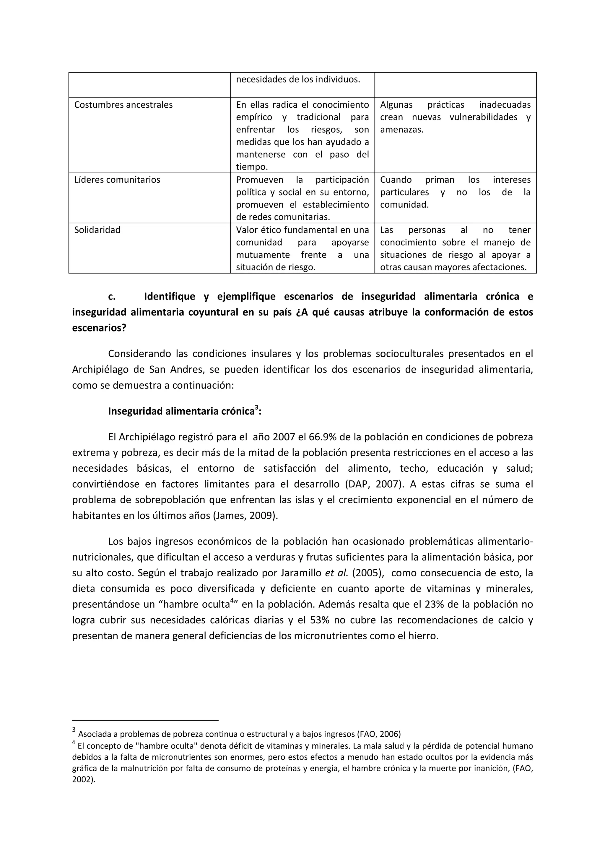 necesidades de los individuos.
Costumbres ancestrales En ellas radica el conocimiento
empírico y tradicional para
enfrentar los riesgos, son
medidas que los han ayudado a
mantenerse con el paso del
tiempo.
Algunas prácticas inadecuadas
crean nuevas vulnerabilidades y
amenazas.
Líderes comunitarios Promueven la participación
política y social en su entorno,
promueven el establecimiento
de redes comunitarias.
Cuando priman los intereses
particulares y no los de la
comunidad.
Solidaridad Valor ético fundamental en una
comunidad para apoyarse
mutuamente frente a una
situación de riesgo.
Las personas al no tener
conocimiento sobre el manejo de
situaciones de riesgo al apoyar a
otras causan mayores afectaciones.
c. Identifique y ejemplifique escenarios de inseguridad alimentaria crónica e
inseguridad alimentaria coyuntural en su país ¿A qué causas atribuye la conformación de estos
escenarios?
Considerando las condiciones insulares y los problemas socioculturales presentados en el
Archipiélago de San Andres, se pueden identificar los dos escenarios de inseguridad alimentaria,
como se demuestra a continuación:
Inseguridad alimentaria crónica3
:
El Archipiélago registró para el año 2007 el 66.9% de la población en condiciones de pobreza
extrema y pobreza, es decir más de la mitad de la población presenta restricciones en el acceso a las
necesidades básicas, el entorno de satisfacción del alimento, techo, educación y salud;
convirtiéndose en factores limitantes para el desarrollo (DAP, 2007). A estas cifras se suma el
problema de sobrepoblación que enfrentan las islas y el crecimiento exponencial en el número de
habitantes en los últimos años (James, 2009).
Los bajos ingresos económicos de la población han ocasionado problemáticas alimentario-
nutricionales, que dificultan el acceso a verduras y frutas suficientes para la alimentación básica, por
su alto costo. Según el trabajo realizado por Jaramillo et al. (2005), como consecuencia de esto, la
dieta consumida es poco diversificada y deficiente en cuanto aporte de vitaminas y minerales,
presentándose un “hambre oculta4
” en la población. Además resalta que el 23% de la población no
logra cubrir sus necesidades calóricas diarias y el 53% no cubre las recomendaciones de calcio y
presentan de manera general deficiencias de los micronutrientes como el hierro.
3
Asociada a problemas de pobreza continua o estructural y a bajos ingresos (FAO, 2006)
4
El concepto de "hambre oculta" denota déficit de vitaminas y minerales. La mala salud y la pérdida de potencial humano
debidos a la falta de micronutrientes son enormes, pero estos efectos a menudo han estado ocultos por la evidencia más
gráfica de la malnutrición por falta de consumo de proteínas y energía, el hambre crónica y la muerte por inanición, (FAO,
2002).
 