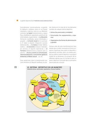 La gestión deportiva local: Problemática actual y tendencias de futuro
140
Extendiéndose transversalmente, ocupando
lo habitual y cotidiano, tanto en sus facetas
individual y colectiva, como en sus diferentes
vertientes: La Salud (mantenimiento y mejora
física, rehabilitación, capacitación, prevención de
enfermedades, esparcimiento…), La Educación
(formación equilibrada, valores individuales y
grupales…), la Acción Social (en la juventud,
la 3ª edad, la relación, integración sectores
desfavorecidos…), la Cultura (moda, hábitos,
estética…), la Economía (industria materiales,
de servicios, el deporte espectáculo…), el
Territorio (Infraestructuras y espacios para su
práctica…), El ocio y turismo, la comunicación,
internacionalización y conocimiento global, lo
Ambiental, el Medio natural …etc. etc.
Estas valoraciones sobre la transformación que
como fenómeno el deporte manifiesta, se pue-
den observar en la clave de los tres elementos
centrales de cualquier sistema deportivo:.
Activos (los practicantes y entidades)
Estructurales (los equipamientos y espa-
cios)
Organizativos (las formas de administración
y gestión)
Aunque varias de estas transformaciones hace
tiempo que se están mostrando de forma inci-
piente, al igual que otras están en desarrollo o
plenamente asumidas, tener una amplia pers-
pectiva sobre el sistema deportivo municipal el
estado de sus elementos y la actuación de los
diferentes agentes que en el actúan es para un
gestor deportivo municipal algo ya perceptivo
para el éxito de su función.
•
•
•
ELEMENTOS
ACTIVOS
Practicantes
Entidades
SISTEMES DE
ORGANITZACIÓN
Servicios
Actividades
FACTORES
Culturales
Demográficos
Políticos
Geográficos
Sociales
EL SISTEMA DEPORTIVO EN UN MUNICIPIO
Elementos activos, estructurales, organizativos y factores incidentes.
ELEMENTOS
ESTRUCTURALES
Instalaciones
Espacios
Urbanísticos
Económicos
Normativos
y
Legales
Gestión
©JOAN CELMA. 200
 