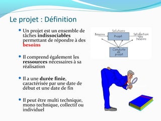 Le projet : Définition
 Un projet est un ensemble de
tâches indissociables
permettant de répondre à des
besoins
 Il comprend également les
ressources nécessaires à sa
réalisation
 Il a une durée finie,
caractérisée par une date de
début et une date de fin
 Il peut être multi technique,
mono technique, collectif ou
individuel
Projet
 
