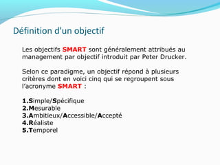 Définition d'un objectif
Les objectifs SMART sont généralement attribués au
management par objectif introduit par Peter Drucker.
Selon ce paradigme, un objectif répond à plusieurs
critères dont en voici cinq qui se regroupent sous
l’acronyme SMART :
1.Simple/Spécifique
2.Mesurable
3.Ambitieux/Accessible/Accepté
4.Réaliste
5.Temporel
 