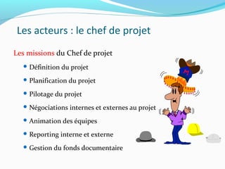 Les acteurs : le chef de projet
Les missions du Chef de projet
 Définition du projet
 Planification du projet
 Pilotage du projet
 Négociations internes et externes au projet
 Animation des équipes
 Reporting interne et externe
 Gestion du fonds documentaire
 
