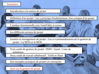 Sommaire
Introduction à la notion de projet
Définition d’un projet / Les 3 principes fondamentaux /Les 5 étapes d’un projet
L’analyse fonctionnelle avec l’outil bête à cornes
Les différents acteurs du projet
Gestion et management de projet / Les 10 commandements de la gestion de
projet / La MOA et la MOE
Trois outils de gestion de projet : PERT / Gantt / Liste de
préséance
Deux outils de travail collaboratif : Trello et Slack
Des exemples pratiques de projets en entreprise
Quiz sur la gestion de projet
 