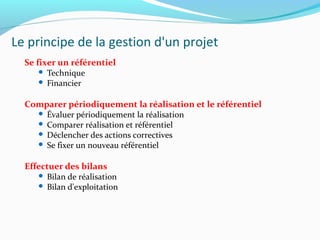 Le principe de la gestion d'un projet
Se fixer un référentiel
 Technique
 Financier
Comparer périodiquement la réalisation et le référentiel
 Évaluer périodiquement la réalisation
 Comparer réalisation et référentiel
 Déclencher des actions correctives
 Se fixer un nouveau référentiel
Effectuer des bilans
 Bilan de réalisation
 Bilan d'exploitation
 