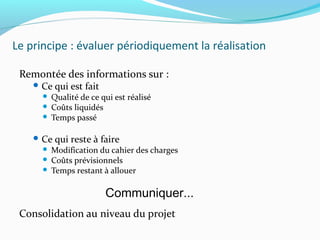 Le principe : évaluer périodiquement la réalisation
Remontée des informations sur :
 Ce qui est fait
 Qualité de ce qui est réalisé
 Coûts liquidés
 Temps passé
 Ce qui reste à faire
 Modification du cahier des charges
 Coûts prévisionnels
 Temps restant à allouer
Consolidation au niveau du projet
Communiquer...
 