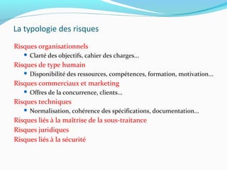 La typologie des risques
Risques organisationnels
 Clarté des objectifs, cahier des charges...
Risques de type humain
 Disponibilité des ressources, compétences, formation, motivation...
Risques commerciaux et marketing
 Offres de la concurrence, clients...
Risques techniques
 Normalisation, cohérence des spécifications, documentation...
Risques liés à la maîtrise de la sous-traitance
Risques juridiques
Risques liés à la sécurité
 