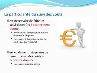 La particularité du suivi des coûts
Il est nécessaire de faire un
suivi des coûts à avancement
donné
 Nécessaire à la reprogrammation
éventuelle du projet
 Nécessaire à la connaissance du
coût final prévisionnel
Il est également nécessaire de
faire un suivi des coûts à
échéance donnée
 Nécessaire aux financiers
 