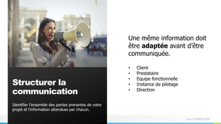 Loïc CHARPENTIER
Identifier l’ensemble des parties prenantes de votre
projet et l’information attendues par chacun.
Structurer la
communication
Une même information doit
être adaptée avant d’être
communiquée.
• Client
• Prestataire
• Equipe fonctionnelle
• Instance de pilotage
• Direction
 