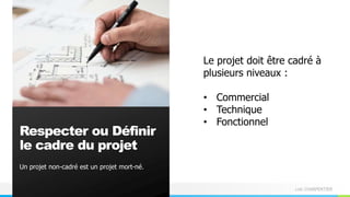 Loïc CHARPENTIER
Un projet non-cadré est un projet mort-né.
Respecter ou Définir
le cadre du projet
Le projet doit être cadré à
plusieurs niveaux :
• Commercial
• Technique
• Fonctionnel
 