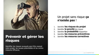 Loïc CHARPENTIER
Identifier les risques auxquels peut être exposé
votre projet, les causes potentielles et les contre-
mesures efficaces.
Prévenir et gérer les
risques
Un projet sans risque ça
n’existe pas !
1. Identifier les risques du projet
2. Identifier la gravité des risques
3. Identifier la probabilité d’apparition
4. Identifier les mesures préventives
5. Identifier les mesures correctives
 