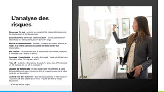 Loïc CHARPENTIER
L’analyse des
risques
Démarrage fin mai : proximité des congés d’été, indisponibilité potentielle
des interlocuteurs et de l’équipe projet.
Gros industriel / Service de communication : Service potentiellement
très sollicité, les retours clients peuvent donc être longs.
Service de communication : Sensible à l’image et au contenu éditorial, le
respect de la charte graphique et la qualité des textes doivent être
irréprochables.
Site existant : la comparaison avec le site existant est inévitable, les forces
et faiblesses sont à étudier en amont.
Prototype v2 non finalisé : le projet a été stoppé ? Quels ont été les freins
? Est-ce un échec ? Y’a-t-il des a priori ?
Voix-off : le client a-t-il conscience du cout d’un acteur voix-off ? Comment
ont été réalisées les voix-off du prototype ?
Le public est enfant/ado : les deux publics sont très différents, le client
doit potentiellement prévoir deux accès afin de ne pas s’adresser de la même
manière à ces deux cibles.
Le client veut être autonome : Quel est sa compétence en informatique ?
La solution doit être adaptée à son niveau ? Quelle doit être sa marge
d’autonomie
… la liste est encore longue…
 
