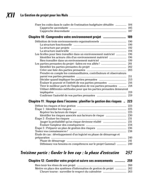La Gestion de projet pour les Nuls
XII
Fixer les coûts dans le cadre de l’estimation budgétaire détaillée ���������������� 184
L’approche ascendante ����������������������������������������������������������������������������������� 185
L’approche descendante ��������������������������������������������������������������������������������� 187
Chapitre 10 : Comprendre votre environnement projet ������������������������������� 189
Définition de trois environnements organisationnels �������������������������������������� 190
La structure fonctionnelle ����������������������������������������������������������������������������� 190
La structure par projets ��������������������������������������������������������������������������������� 192
La structure matricielle ���������������������������������������������������������������������������������� 194
Les ficelles pour bien travailler dans un environnement matriciel ��������������� 196
Identifier les acteurs clés d’un environnement matriciel ������������������������� 196
Bien travailler dans un environnement matriciel �������������������������������������� 199
Les parties prenantes du projet : faites-en vos alliés ! ������������������������������������� 201
Identifier les parties prenantes du projet ��������������������������������������������������� 202
Créer une liste des parties prenantes ���������������������������������������������������������� 203
Prendre en compte les commanditaires, contributeurs et observateurs
parmi vos parties prenantes ������������������������������������������������������������������������� 211
Décider quand impliquer les parties prenantes ���������������������������������������� 213
Évaluer le pouvoir et l’intérêt de vos parties prenantes �������������������������� 216
Tirer le meilleur parti de l’implication de vos parties prenantes ����������� 218
Utiliser différentes méthodes pour que les parties prenantes demeurent
impliquées �������������������������������������������������������������������������������������������������������� 219
Confirmer l’autorité de vos parties prenantes ������������������������������������������� 219
Chapitre 11 : Voyage dans l’inconnu : planifier la gestion des risques �� 223
Définir les risques et leur gestion ������������������������������������������������������������������������ 223
Étape 1 : Identifier les risques ������������������������������������������������������������������������������ 225
Repérer les facteurs de risque ���������������������������������������������������������������������� 225
Identifier les risques associés aux facteurs de risque ������������������������������ 230
Étape 2 : Évaluer les risques ��������������������������������������������������������������������������������� 231
Jauger la probabilité qu’un risque devienne réalité ���������������������������������� 231
Évaluer l’ampleur des conséquences ����������������������������������������������������������� 234
Étape 3 : Préparer un plan de gestion des risques ������������������������������������������� 236
Testez vos connaissances ! ����������������������������������������������������������������������������������� 238
Étude de cas : développement d’un logiciel en phase de démarrage et
préparation �������������������������������������������������������������������������������������������������������������� 240
Phase de démarrage ��������������������������������������������������������������������������������������� 241
Définissez vos besoins en compétences sur le projet Gamma3 �������������� 249
Troisième partie : Garder le bon cap : la phase d’exécution  257
Chapitre 12 : Contrôler votre projet et suivre ses avancements �������������� 259
Bien tenir les rênes de son projet ������������������������������������������������������������������������ 260
Mettre en place des systèmes d’information de gestion de projet ���������������� 262
L’heure tourne : surveiller le respect du calendrier ���������������������������������� 263
 