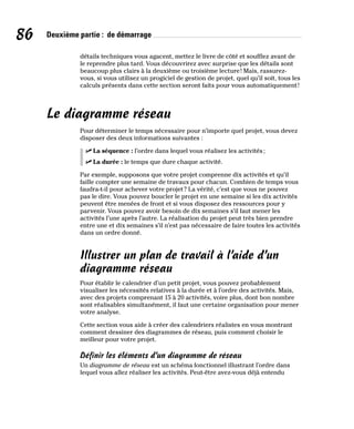 86 Deuxième partie : de démarrage
détails techniques vous agacent, mettez le livre de côté et soufflez avant de
le reprendre plus tard. Vous découvrirez avec surprise que les détails sont
beaucoup plus clairs à la deuxième ou troisième lecture! Mais, rassurez-
vous, si vous utilisez un progiciel de gestion de projet, quel qu’il soit, tous les
calculs présents dans cette section seront faits pour vous automatiquement!
Le diagramme réseau
Pour déterminer le temps nécessaire pour n’importe quel projet, vous devez
disposer des deux informations suivantes :
✓
✓ La séquence : l’ordre dans lequel vous réalisez les activités;
✓
✓ La durée : le temps que dure chaque activité.
Par exemple, supposons que votre projet comprenne dix activités et qu’il
faille compter une semaine de travaux pour chacun. Combien de temps vous
faudra-t-il pour achever votre projet? La vérité, c’est que vous ne pouvez
pas le dire. Vous pouvez boucler le projet en une semaine si les dix activités
peuvent être menées de front et si vous disposez des ressources pour y
parvenir. Vous pouvez avoir besoin de dix semaines s’il faut mener les
activités l’une après l’autre. La réalisation du projet peut très bien prendre
entre une et dix semaines s’il n’est pas nécessaire de faire toutes les activités
dans un ordre donné.
Illustrer un plan de travail à l’aide d’un
diagramme réseau
Pour établir le calendrier d’un petit projet, vous pouvez probablement
visualiser les nécessités relatives à la durée et à l’ordre des activités. Mais,
avec des projets comprenant 15 à 20 activités, voire plus, dont bon nombre
sont réalisables simultanément, il faut une certaine organisation pour mener
votre analyse.
Cette section vous aide à créer des calendriers réalistes en vous montrant
comment dessiner des diagrammes de réseau, puis comment choisir le
meilleur pour votre projet.
Définir les éléments d’un diagramme de réseau
Un diagramme de réseau est un schéma fonctionnel illustrant l’ordre dans
lequel vous allez réaliser les activités. Peut-être avez-vous déjà entendu
 