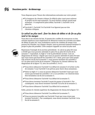 94 Deuxième partie : de démarrage
Vous disposez pour l’heure des informations suivantes sur votre projet :
✓
✓ La longueur du chemin critique (le délai le plus court pour achever
le projet) est de sept semaines. Un seul chemin critique prend sept
semaines : il comprend le jalon début, l’activité 1, l’activité 5 et le
jalon fin;
✓
✓ L’activité 1, l’activité 3 et l’activité 4 ne figurent pas sur des
chemins critiques.
Le calcul au plus tard : fixer les dates de début et de fin au plus
tard et les marges
Vous êtes à mi-chemin du but. Si jamais des conflits de ressources ou des
retards imprévus vous empêchent de démarrer toutes les activités aux dates
de début au plus tôt, vous souhaiterez savoir de combien de temps vous
pouvez les retarder, sur chaque chemin, tout en pouvant toujours terminer le
projet le plus tôt possible. Cette analyse s’appelle un calcul au plus tard.
Reprenons l’exemple de la section précédente : le calcul au plus tôt vous
a révélé que vous pouviez atteindre le jalon fin au plus tôt à la fin de la
semaine 7. Cependant, la règle nº 2 de la précédente section «Lire un
diagramme de réseau» stipule que vous ne pouvez atteindre le jalon fin tant
que vous n’avez pas bouclé les activités 2 et 5. Ainsi, pour que votre projet
soit achevé à la fin de la semaine 7, vous pouvez terminer les activités 2
et 5 au plus tard à la fin de la semaine 7. Reprenez le chemin inférieur du
diagramme de la figure 7-2, avec les activités 3, 4 et 5 :
✓
✓ Vous devez démarrer l’activité 5 en début de semaine 6 et la finir en fin
de semaine 7 (car l’activité 5 est prévue pour durer deux semaines);
✓
✓ Selon la règle nº 2, vous ne pouvez démarrer l’activité 5 tant que vous
n’avez pas terminé les activités 1 et 4. Les activités 1 et 4 doivent donc
être terminées à la fin de la semaine 5;
✓
✓ Vous devez démarrer l’activité 4 au début de la semaine 3;
✓
✓ Vous devez terminer l’activité 3 avant de passer à l’activité 4. Par
conséquent, vous devez terminer l’activité 3 à la fin de la semaine 2;
✓
✓ Vous devez démarrer l’activité 3 au début de la semaine 2.
Enfin, prenez le chemin supérieur du diagramme de réseau de la figure 7-2 :
✓
✓ Vous devez démarrer l’activité 2 au début de la semaine 7;
✓
✓ Vous ne pouvez travailler sur l’activité 2 tant que vous n’avez pas
terminé l’activité 1. Par conséquent, vous devez terminer l’activité 1 à la
fin de la semaine 6.
 