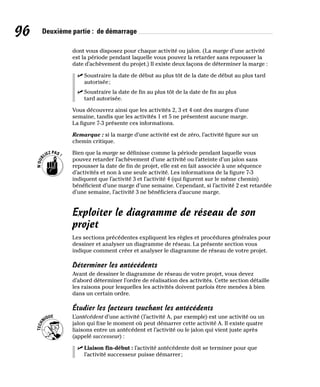 96 Deuxième partie : de démarrage
dont vous disposez pour chaque activité ou jalon. (La marge d’une activité
est la période pendant laquelle vous pouvez la retarder sans repousser la
date d’achèvement du projet.) Il existe deux façons de déterminer la marge :
✓
✓ Soustraire la date de début au plus tôt de la date de début au plus tard
autorisée;
✓
✓ Soustraire la date de fin au plus tôt de la date de fin au plus
tard autorisée.
Vous découvrez ainsi que les activités 2, 3 et 4 ont des marges d’une
semaine, tandis que les activités 1 et 5 ne présentent aucune marge.
La figure 7-3 présente ces informations.
Remarque : si la marge d’une activité est de zéro, l’activité figure sur un
chemin critique.
Bien que la marge se définisse comme la période pendant laquelle vous
pouvez retarder l’achèvement d’une activité ou l’atteinte d’un jalon sans
repousser la date de fin de projet, elle est en fait associée à une séquence
d’activités et non à une seule activité. Les informations de la figure 7-3
indiquent que l’activité 3 et l’activité 4 (qui figurent sur le même chemin)
bénéficient d’une marge d’une semaine. Cependant, si l’activité 2 est retardée
d’une semaine, l’activité 3 ne bénéficiera d’aucune marge.
Exploiter le diagramme de réseau de son
projet
Les sections précédentes expliquent les règles et procédures générales pour
dessiner et analyser un diagramme de réseau. La présente section vous
indique comment créer et analyser le diagramme de réseau de votre projet.
Déterminer les antécédents
Avant de dessiner le diagramme de réseau de votre projet, vous devez
d’abord déterminer l’ordre de réalisation des activités. Cette section détaille
les raisons pour lesquelles les activités doivent parfois être menées à bien
dans un certain ordre.
Étudier les facteurs touchant les antécédents
L’antécédent d’une activité (l’activité A, par exemple) est une activité ou un
jalon qui fixe le moment où peut démarrer cette activité A. Il existe quatre
liaisons entre un antécédent et l’activité ou le jalon qui vient juste après
(appelé successeur) :
✓
✓ Liaison fin-début : l’activité antécédente doit se terminer pour que
l’activité successeur puisse démarrer;
 