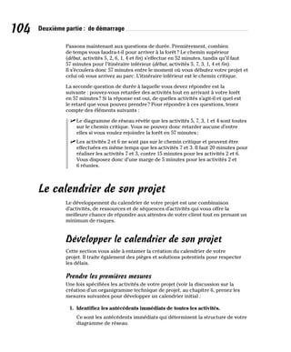 104 Deuxième partie : de démarrage
Passons maintenant aux questions de durée. Premièrement, combien
de temps vous faudra-t-il pour arriver à la forêt? Le chemin supérieur
(début, activités 5, 2, 6, 1, 4 et fin) s’effectue en 52 minutes, tandis qu’il faut
57 minutes pour l’itinéraire inférieur (début, activités 5, 7, 3, 1, 4 et fin).
Il s’écoulera donc 57 minutes entre le moment où vous débutez votre projet et
celui où vous arrivez au parc. L’itinéraire inférieur est le chemin critique.
La seconde question de durée à laquelle vous devez répondre est la
suivante : pouvez-vous retarder des activités tout en arrivant à votre forêt
en 57 minutes? Si la réponse est oui, de quelles activités s’agit-il et quel est
le retard que vous pouvez prendre? Pour répondre à ces questions, tenez
compte des éléments suivants :
✓
✓ Le diagramme de réseau révèle que les activités 5, 7, 3, 1 et 4 sont toutes
sur le chemin critique. Vous ne pouvez donc retarder aucune d’entre
elles si vous voulez rejoindre la forêt en 57 minutes;
✓
✓ Les activités 2 et 6 ne sont pas sur le chemin critique et peuvent être
effectuées en même temps que les activités 7 et 3. Il faut 20 minutes pour
réaliser les activités 7 et 3, contre 15 minutes pour les activités 2 et 6.
Vous disposez donc d’une marge de 5 minutes pour les activités 2 et
6 réunies.
Le calendrier de son projet
Le développement du calendrier de votre projet est une combinaison
d’activités, de ressources et de séquences d’activités qui vous offre la
meilleure chance de répondre aux attentes de votre client tout en prenant un
minimum de risques.
Développer le calendrier de son projet
Cette section vous aide à entamer la création du calendrier de votre
projet. Il traite également des pièges et solutions potentiels pour respecter
les délais.
Prendre les premières mesures
Une fois spécifiées les activités de votre projet (voir la discussion sur la
création d’un organigramme technique de projet, au chapitre 6, prenez les
mesures suivantes pour développer un calendrier initial :
1. Identifiez les antécédents immédiats de toutes les activités.
Ce sont les antécédents immédiats qui déterminent la structure de votre
diagramme de réseau.
 