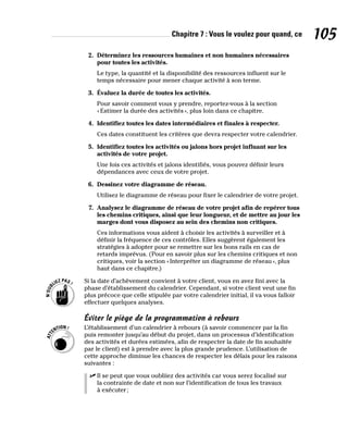 Chapitre 7 : Vous le voulez pour quand, ce 105
2. Déterminez les ressources humaines et non humaines nécessaires
pour toutes les activités.
Le type, la quantité et la disponibilité des ressources influent sur le
temps nécessaire pour mener chaque activité à son terme.
3. Évaluez la durée de toutes les activités.
Pour savoir comment vous y prendre, reportez-vous à la section
«Estimer la durée des activités», plus loin dans ce chapitre.
4. Identifiez toutes les dates intermédiaires et finales à respecter.
Ces dates constituent les critères que devra respecter votre calendrier.
5. Identifiez toutes les activités ou jalons hors projet influant sur les
activités de votre projet.
Une fois ces activités et jalons identifiés, vous pouvez définir leurs
dépendances avec ceux de votre projet.
6. Dessinez votre diagramme de réseau.
Utilisez le diagramme de réseau pour fixer le calendrier de votre projet.
7. Analysez le diagramme de réseau de votre projet afin de repérer tous
les chemins critiques, ainsi que leur longueur, et de mettre au jour les
marges dont vous disposez au sein des chemins non critiques.
Ces informations vous aident à choisir les activités à surveiller et à
définir la fréquence de ces contrôles. Elles suggèrent également les
stratégies à adopter pour se remettre sur les bons rails en cas de
retards imprévus. (Pour en savoir plus sur les chemins critiques et non
critiques, voir la section «Interpréter un diagramme de réseau», plus
haut dans ce chapitre.)
Si la date d’achèvement convient à votre client, vous en avez fini avec la
phase d’établissement du calendrier. Cependant, si votre client veut une fin
plus précoce que celle stipulée par votre calendrier initial, il va vous falloir
effectuer quelques analyses.
Éviter le piège de la programmation à rebours
L’établissement d’un calendrier à rebours (à savoir commencer par la fin
puis remonter jusqu’au début du projet, dans un processus d’identification
des activités et durées estimées, afin de respecter la date de fin souhaitée
par le client) est à prendre avec la plus grande prudence. L’utilisation de
cette approche diminue les chances de respecter les délais pour les raisons
suivantes :
✓
✓ Il se peut que vous oubliiez des activités car vous serez focalisé sur
la contrainte de date et non sur l’identification de tous les travaux
à exécuter;
 