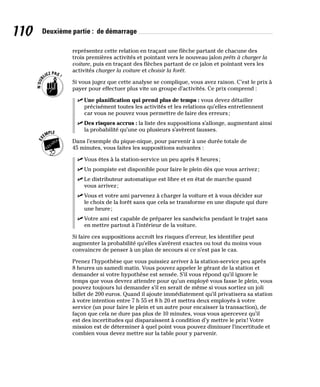 110 Deuxième partie : de démarrage
représentez cette relation en traçant une flèche partant de chacune des
trois premières activités et pointant vers le nouveau jalon prêts à charger la
voiture, puis en traçant des flèches partant de ce jalon et pointant vers les
activités charger la voiture et choisir la forêt.
Si vous jugez que cette analyse se complique, vous avez raison. C’est le prix à
payer pour effectuer plus vite un groupe d’activités. Ce prix comprend :
✓
✓ Une planification qui prend plus de temps : vous devez détailler
précisément toutes les activités et les relations qu’elles entretiennent
car vous ne pouvez vous permettre de faire des erreurs;
✓
✓ Des risques accrus : la liste des suppositions s’allonge, augmentant ainsi
la probabilité qu’une ou plusieurs s’avèrent fausses.
Dans l’exemple du pique-nique, pour parvenir à une durée totale de
45 minutes, vous faites les suppositions suivantes :
✓
✓ Vous êtes à la station-service un peu après 8 heures;
✓
✓ Un pompiste est disponible pour faire le plein dès que vous arrivez;
✓
✓ Le distributeur automatique est libre et en état de marche quand
vous arrivez;
✓
✓ Vous et votre ami parvenez à charger la voiture et à vous décider sur
le choix de la forêt sans que cela se transforme en une dispute qui dure
une heure;
✓
✓ Votre ami est capable de préparer les sandwichs pendant le trajet sans
en mettre partout à l’intérieur de la voiture.
Si faire ces suppositions accroît les risques d’erreur, les identifier peut
augmenter la probabilité qu’elles s’avèrent exactes ou tout du moins vous
convaincre de penser à un plan de secours si ce n’est pas le cas.
Prenez l’hypothèse que vous puissiez arriver à la station-service peu après
8 heures un samedi matin. Vous pouvez appeler le gérant de la station et
demander si votre hypothèse est sensée. S’il vous répond qu’il ignore le
temps que vous devrez attendre pour qu’un employé vous fasse le plein, vous
pouvez toujours lui demander s’il en serait de même si vous sortiez un joli
billet de 200 euros. Quand il ajoute immédiatement qu’il privatisera sa station
à votre intention entre 7 h 55 et 8 h 20 et mettra deux employés à votre
service (un pour faire le plein et un autre pour encaisser la transaction), de
façon que cela ne dure pas plus de 10 minutes, vous vous apercevez qu’il
est des incertitudes qui disparaissent à condition d’y mettre le prix! Votre
mission est de déterminer à quel point vous pouvez diminuer l’incertitude et
combien vous devez mettre sur la table pour y parvenir.
 
