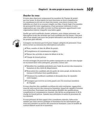 Chapitre 8 : de votre projet et source de sa réussite 169
Boucher les trous
Si votre plan répertorie uniquement les membres de l’équipe de projet
par leur poste, la description de leurs fonctions ou leurs compétences
et connaissances (et non en citant des noms), vous devez trouver des
individus en chair et en os pour remplir ces rôles. Il peut s’agir d’un membre
du personnel de votre organisation, d’une personne extérieure à votre
organisation que vous allez recruter ou d’une personne appartenant à une
organisation externe à laquelle vous faites appel.
Quelle que soit la méthode choisie, préparez, pour chaque personne, une
description écrite des activités que vous souhaitez lui voir mener. Cela peut
aller d’une simple note pour des projets informels à une fiche de poste pour
les projets plus officiels.
Consignez vos besoins par écrit pour chaque catégorie de personnel. Vous
devez inclure au minimum les informations suivantes :
✓
✓ Nom, numéro et date de début du projet;
✓
✓ Compétences et connaissances exigées;
✓
✓ Nature des activités et dates de début et de fin;
✓
✓ Charge de travail prévue.
Si vous envisagez de pourvoir les postes manquants au sein de votre équipe
en recrutant dans votre entreprise, procédez comme suit :
✓
✓ Identifiez les candidats potentiels avec l’aide du service des ressources
humaines et des chefs de département;
✓
✓ Rencontrez les candidats afin de parler de votre projet, de décrire les
travaux et d’évaluer leurs qualifications;
✓
✓ Choisissez les meilleurs candidats et demandez-leur de rejoindre
votre équipe;
✓
✓ Consignez par écrit les accords passés avec les nouveaux membres
de l’équipe.
Si vous cherchez des candidats en dehors de votre entreprise, rapprochez-
vous de votre service des ressources humaines, lequel est capable d’orienter
vos recherches. Fournissez une description détaillée des qualifications,
compétences et connaissances requises, des tâches au programme et de la
charge de travail prévue. Assistez aux entretiens et suivez le processus de
recrutement.
Si vous prévoyez de faire appel à des consultants externes, faites-vous
assister par votre service juridique et fournissez-lui les informations que
vous avez données au service des ressources humaines. Lisez le modèle de
contrat élaboré avant de le soumettre.
 