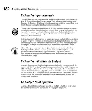 182 Deuxième partie : de démarrage
Estimation approximative
La phase d’estimation approximative génère une estimation initiale des coûts
à partir d’une vision globale des travaux. Vous faites cette estimation sans
disposer de données détaillées. Selon la nature du projet, le budget final peut
être le double (voire plus!) de la première estimation.
Préparez une estimation approximative en vous inspirant du coût de projets
similaires (ou d’activités similaires présentes dans votre projet) réalisés par
le passé, des taux de productivité et des coûts pondérés applicables (par
exemple, le nombre d’assemblages réalisables en une heure) et d’autres
méthodes d’approximation.
Cette estimation traduit parfois ce qu’une personne souhaite dépenser et non
ce que le projet va vraiment coûter. Vous ne détaillez généralement pas cette
estimation jusqu’aux activités de dernier niveau car vous devez la préparer
en très peu de temps avant même d’avoir recensé les activités du projet.
Même si les gens ne veulent pas toujours le reconnaître, les estimations
de budget initiales dans le cadre de plans annuels et à long terme sont
généralement des estimations approximatives. De par leur nature,
elles peuvent être considérablement modifiées à mesure que s’affine la
planification du projet.
Estimation détaillée du budget
La phase d’estimation détaillée implique de détailler les coûts estimatifs de
chaque activité du projet. Vous préparez cette estimation en développant un
OTP détaillé (voir le chapitre 6) et en évaluant les coûts de tous les lots de
travaux de dernier niveau. (Reportez-vous au chapitre 8 pour en savoir plus
sur l’estimation de la charge de travail et lisez la section «Définir les besoins
en ressources non humaines» pour découvrir des moyens d’évaluer vos
besoins en la matière.)
Le budget final approuvé
La phase de validation du budget aboutit au budget détaillé du projet, que
des hauts décisionnaires approuvent et s’engagent à appuyer.
 